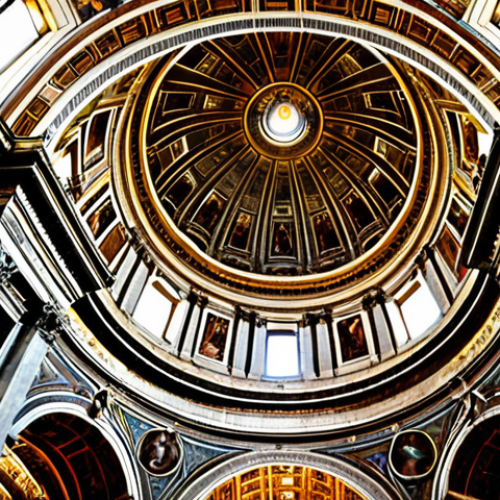Home 18 **Image of St. Peter's Basilica**: A breathtaking view of St. Peter's Basilica, showcasing its grand architecture and the famous dome designed by Michelangelo. The scene should capture the majesty of the basilica with visitors admiring its beauty, highlighting the historical significance of this spiritual landmark.
