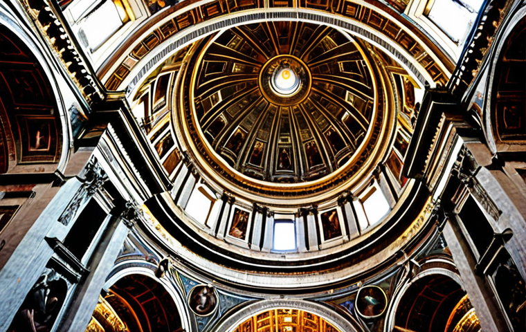 **Image of St. Peter's Basilica**: A breathtaking view of St. Peter's Basilica, showcasing its grand architecture and the famous dome designed by Michelangelo. The scene should capture the majesty of the basilica with visitors admiring its beauty, highlighting the historical significance of this spiritual landmark.