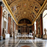 **Vatican Museums Interior:** "Stunning interior of the Vatican Museums, showcasing classical sculptures and Renaissance paintings, bathed in soft, natural light. Focus on the artistic details and grand architecture."
