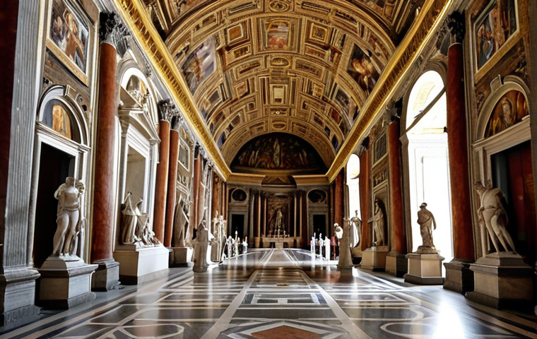 **Vatican Museums Interior:** "Stunning interior of the Vatican Museums, showcasing classical sculptures and Renaissance paintings, bathed in soft, natural light. Focus on the artistic details and grand architecture."