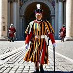 **

A colorful and slightly whimsical illustration of the Swiss Guard in their traditional uniform, chasing a pickpocket through St. Peter's Square. Emphasize the contrast between their ornate attire and the everyday crime they are addressing. The style should evoke a lighthearted mystery novel cover.

**