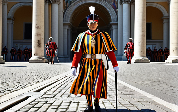 **
A colorful and slightly whimsical illustration of the Swiss Guard in their traditional uniform, chasing a pickpocket through St. Peter's Square. Emphasize the contrast between their ornate attire and the everyday crime they are addressing. The style should evoke a lighthearted mystery novel cover.
**